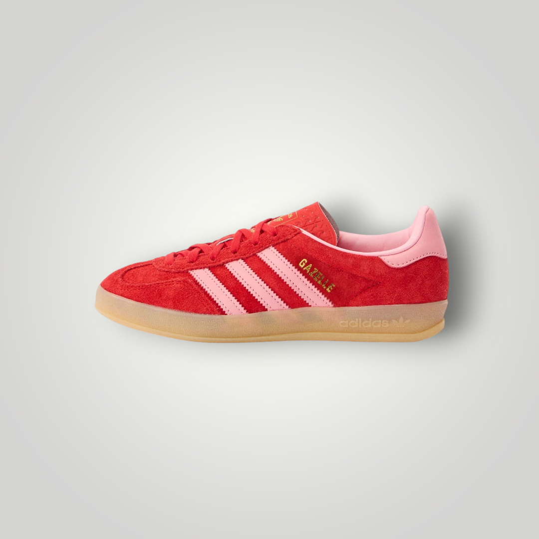 NDO Clothing Adidas Originals Gazelle Indoor Sneaker in Rot mit rosa Streifen und klassischer Gummisohle