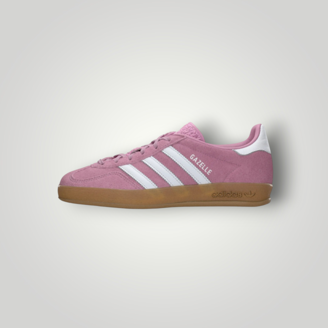 NDO Clothing adidas Originals Gazelle Indoor Sneaker aus rosa Veloursleder mit weißen Streifen und Gummisohle