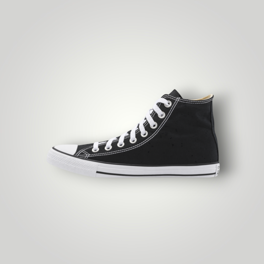 NDO Clothing Converse Chuck Classic High-Top Sneaker aus schwarzem Canvas mit weißer Schnürung und Gummisohle