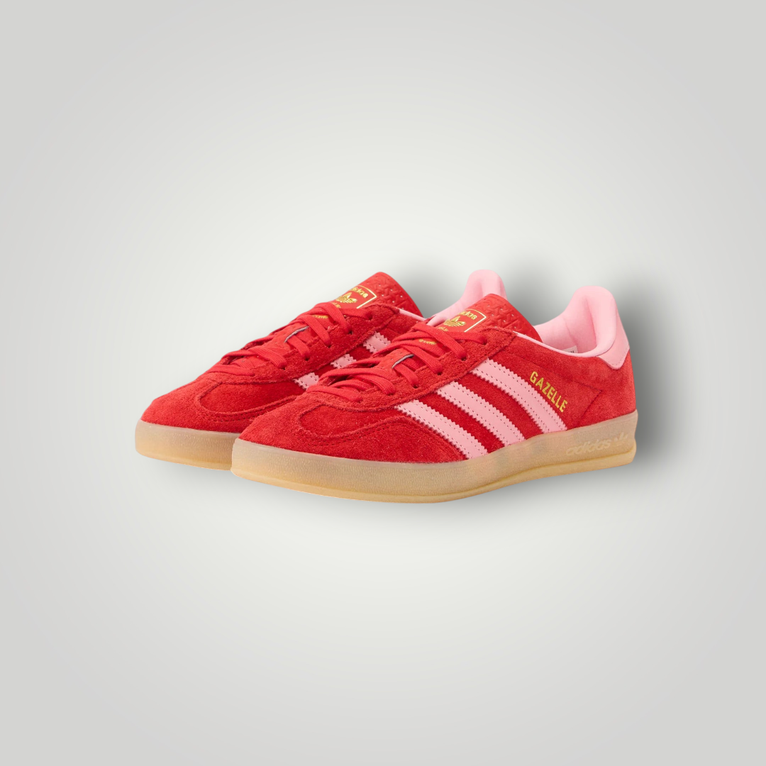 NDO Clothing Adidas Originals Gazelle Indoor Sneaker in Rot mit rosa Streifen und klassischer Gummisohle