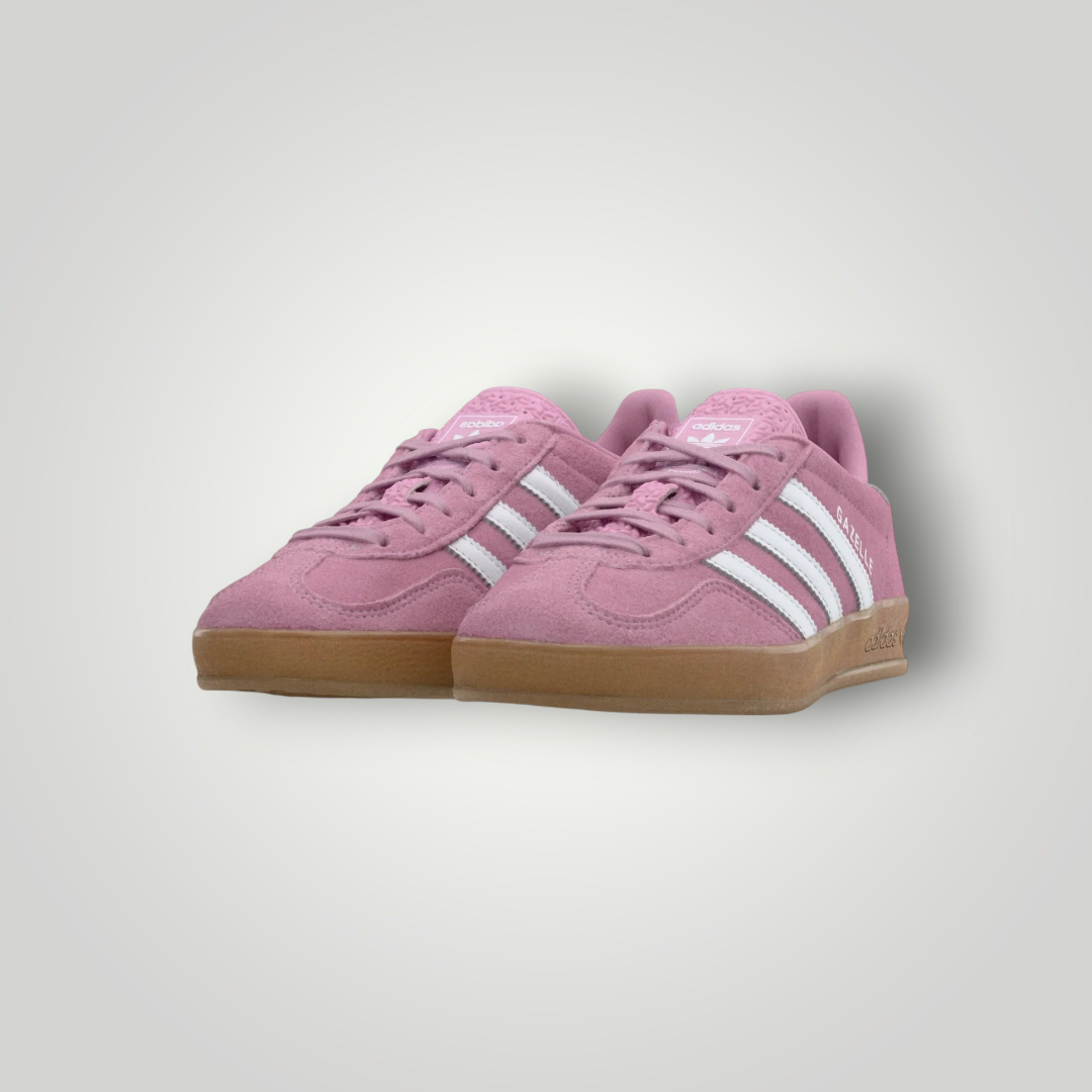 NDO Clothing adidas Originals Gazelle Indoor Sneaker aus rosa Veloursleder mit weißen Streifen und Gummisohle