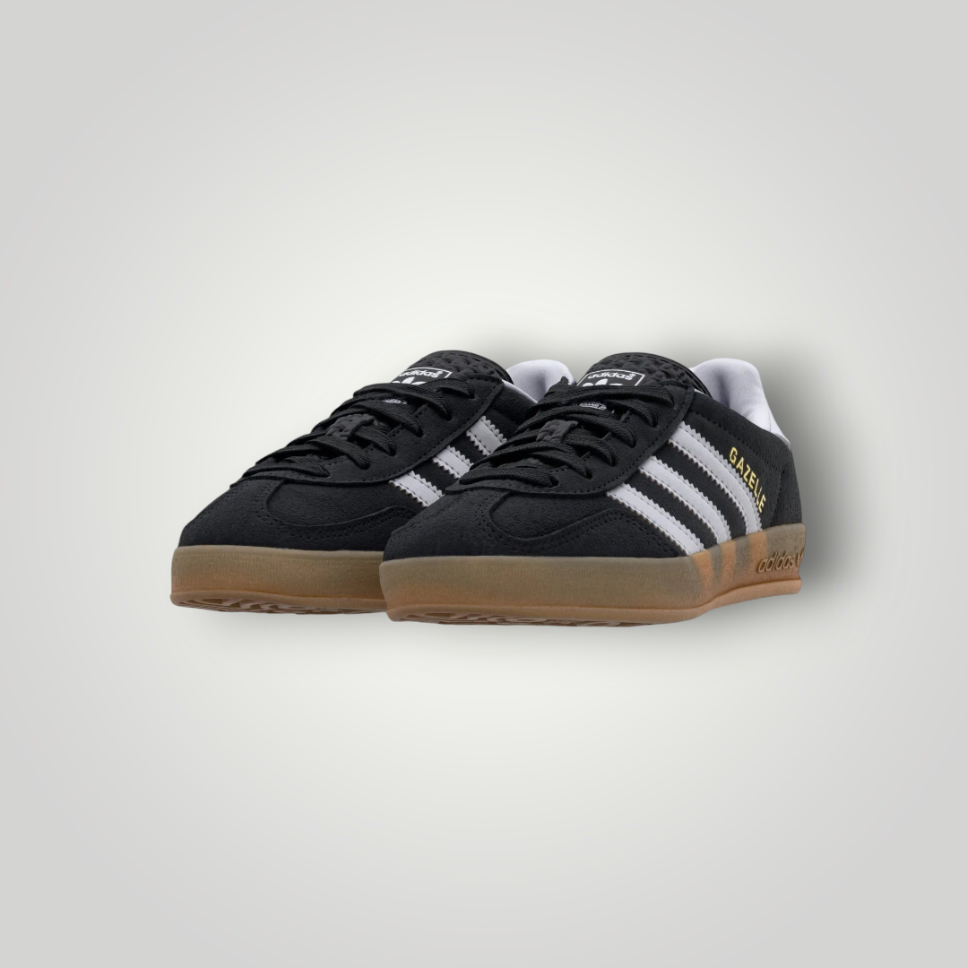 NDO Clothing Adidas Originals Gazelle Indoor Sneaker aus schwarzem Veloursleder mit weißem Streifen und Gummisohle