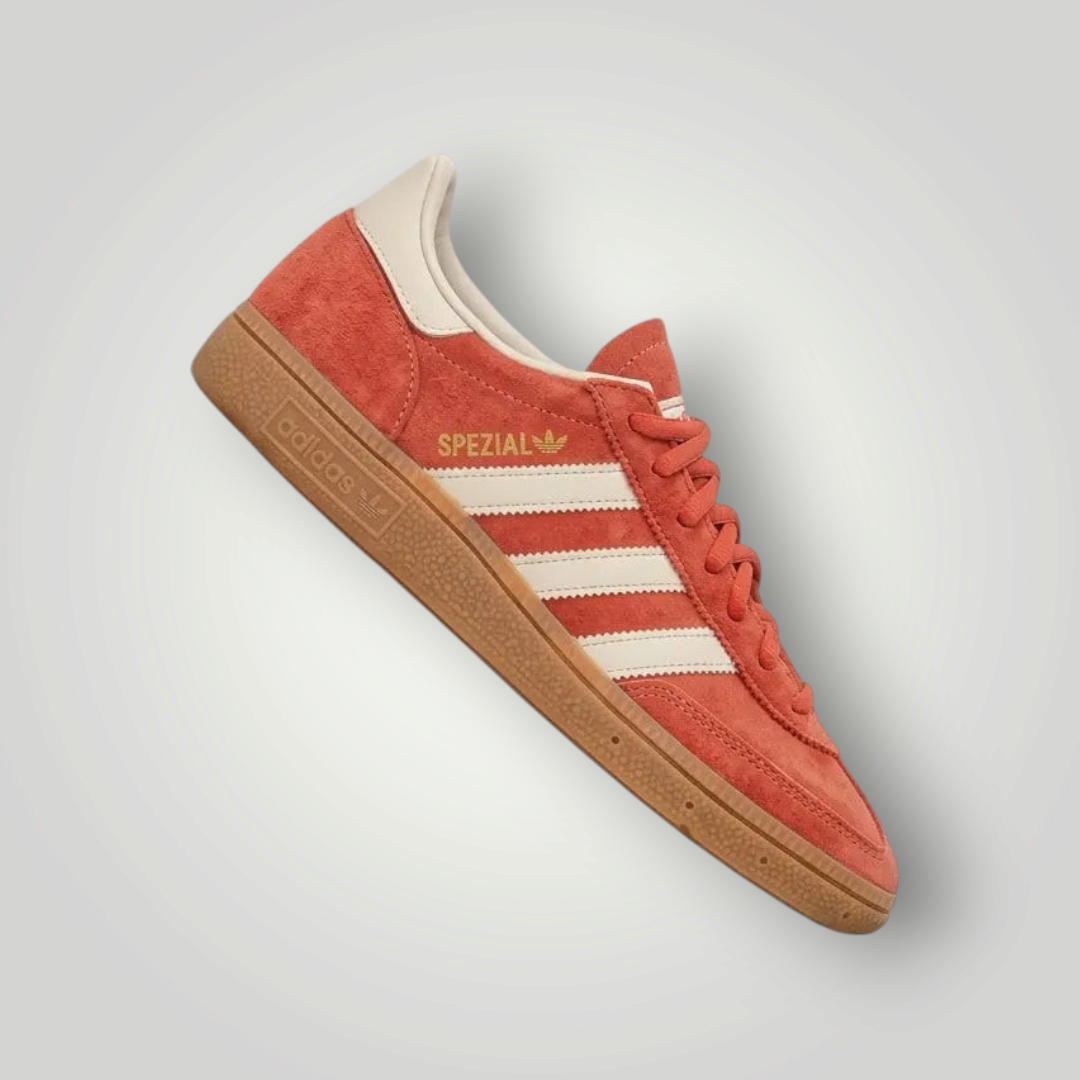 NDO Clothing Adidas Originals Handball Spezial Sneaker aus rotem Veloursleder mit weißen Streifen und Gummisohle