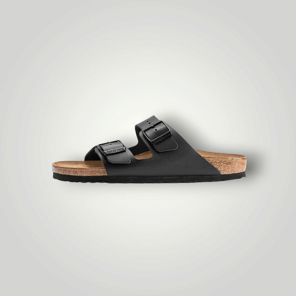 NDO Clothing Birkenstock Arizona Sandale in Schwarz mit zwei verstellbaren Schnallen und Kork-Fußbett