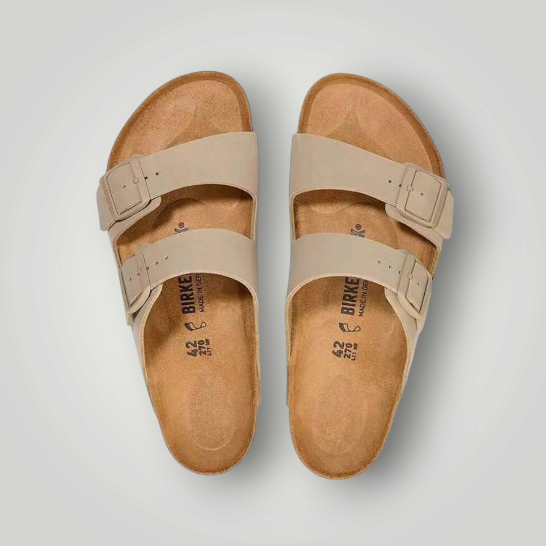 NDO Clothing Birkenstock Arizona Sandalen in Beige mit anatomischem Kork-Fußbett und zwei verstellbaren Riemen