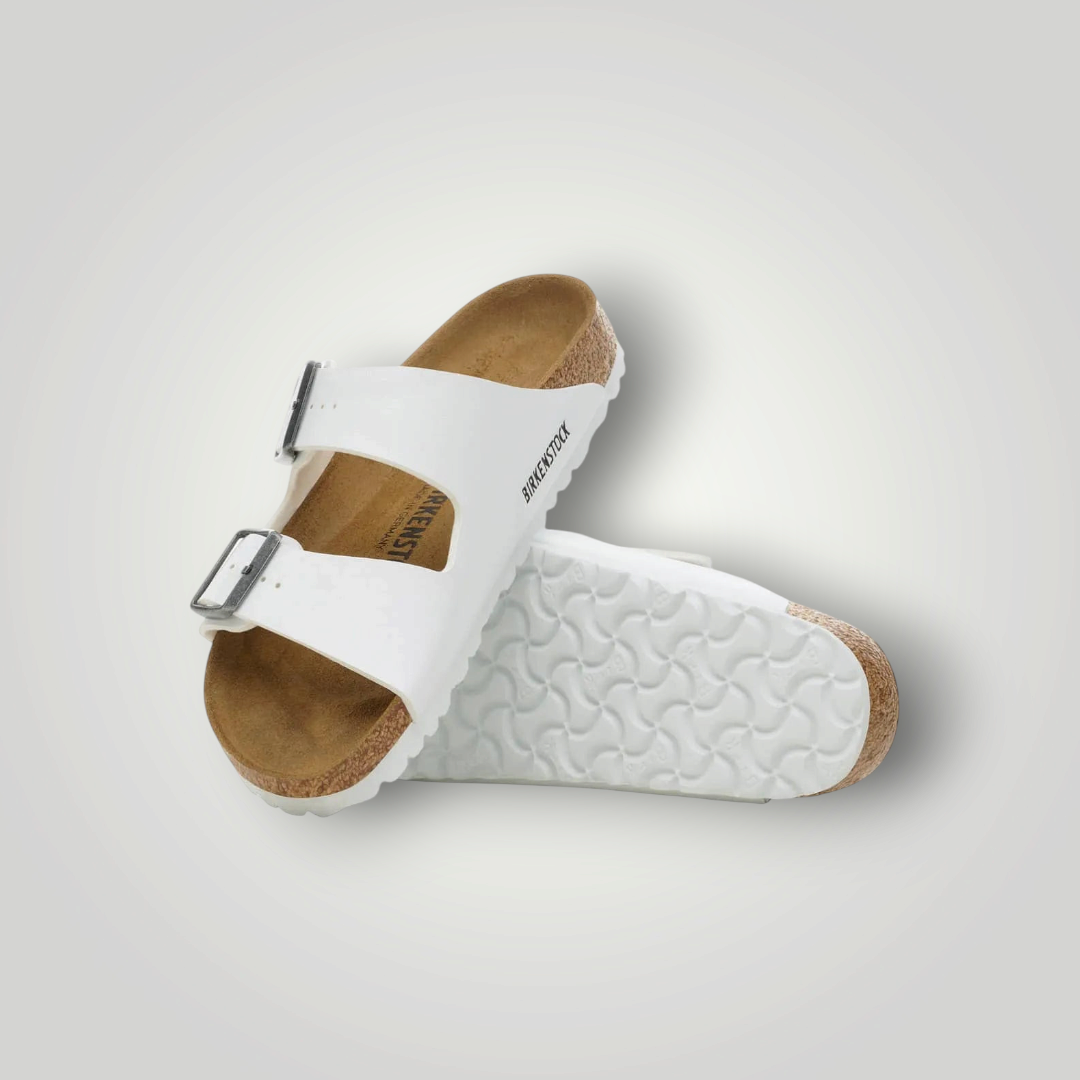 NDO Clothing Birkenstock Arizona Sandalen in Weiß mit zwei Riemen und Kork-Fußbett
