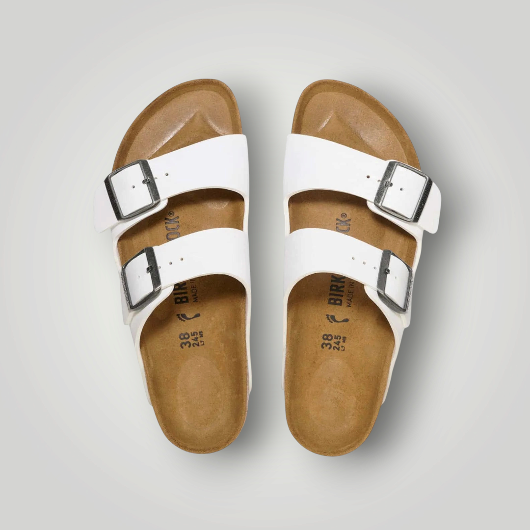 NDO Clothing Birkenstock Arizona Sandalen in Weiß mit zwei verstellbaren Riemen und ergonomischem Kork-Fußbett