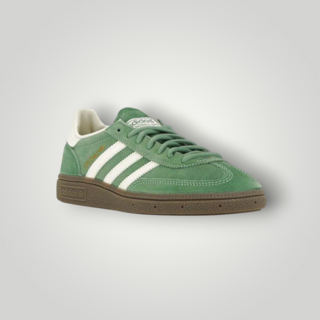 NDO Clothing Adidas Originals Handball Spezial Sneaker aus grünem Veloursleder mit weißen Streifen und Gummisohle
