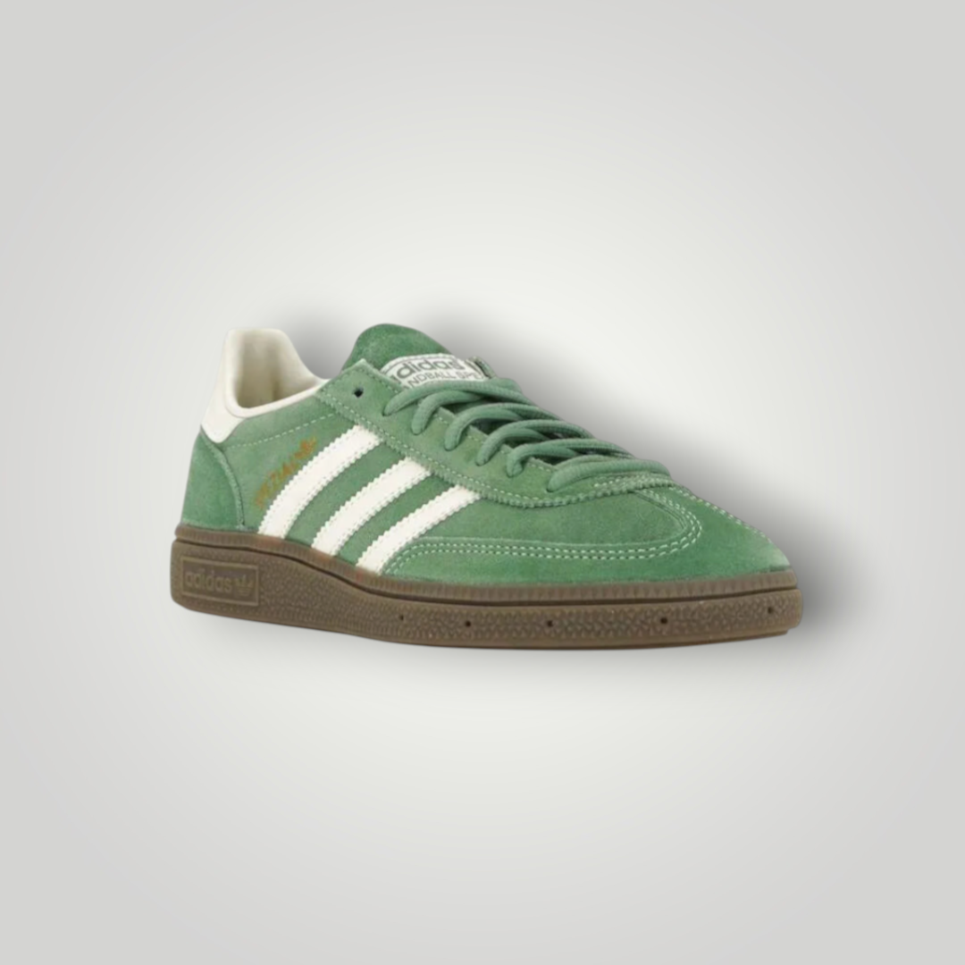 NDO Clothing Adidas Originals Handball Spezial Sneaker aus grünem Veloursleder mit weißen Streifen und Gummisohle