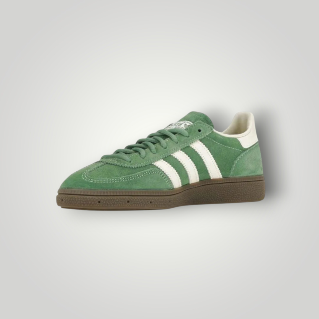 NDO Clothing Adidas Originals Handball Spezial Sneaker aus grünem Veloursleder mit weißen Streifen und Gummisohle