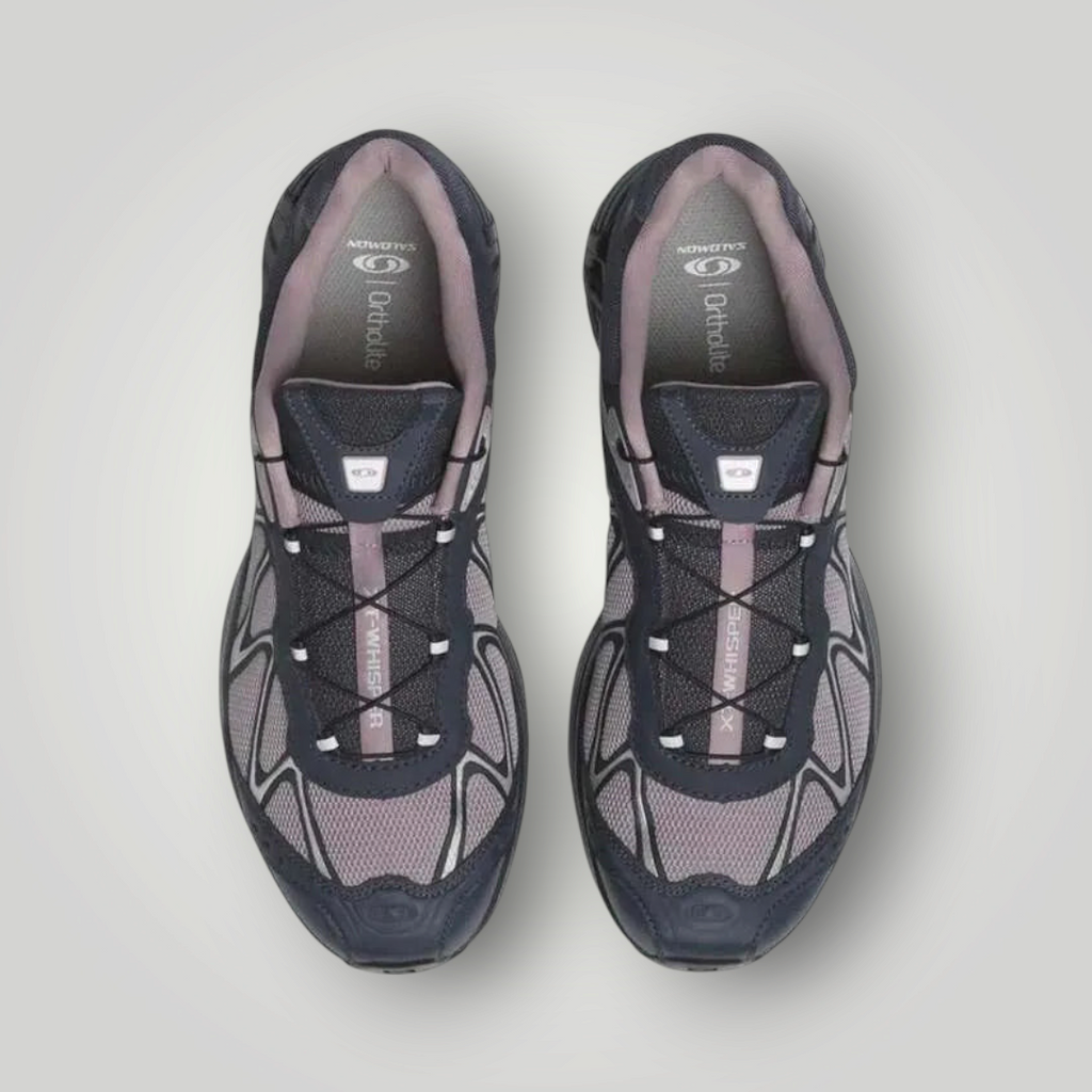 NDO Clothing Salomon XT-WHISPER Laufschuhe in Dunkelgrau und Lila mit Schnellschnürsystem in der Draufsicht
