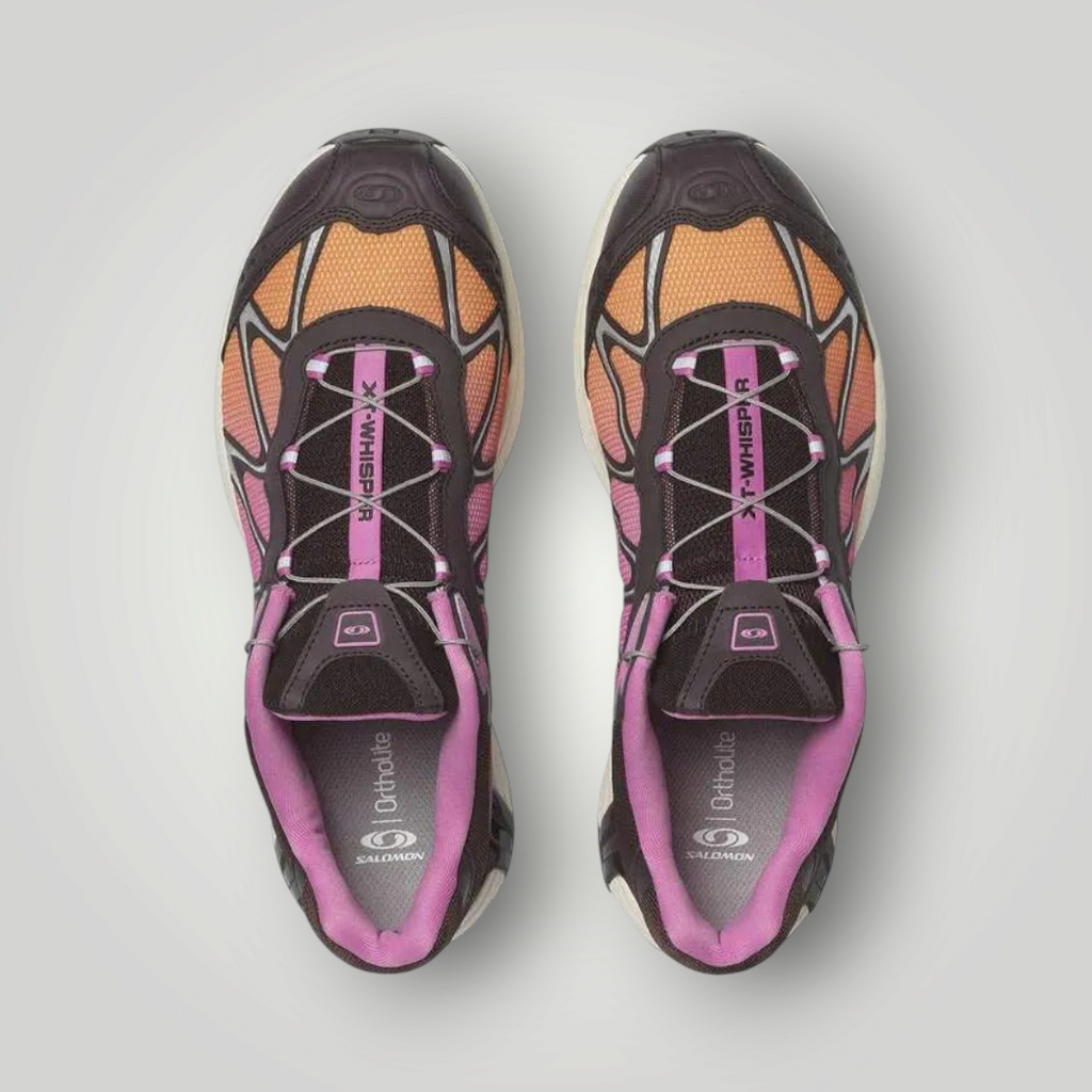 NDO Clothing Salomon XT-WHISPER Laufschuhe in Orange und Lila mit Schnellschnürsystem in der Draufsicht