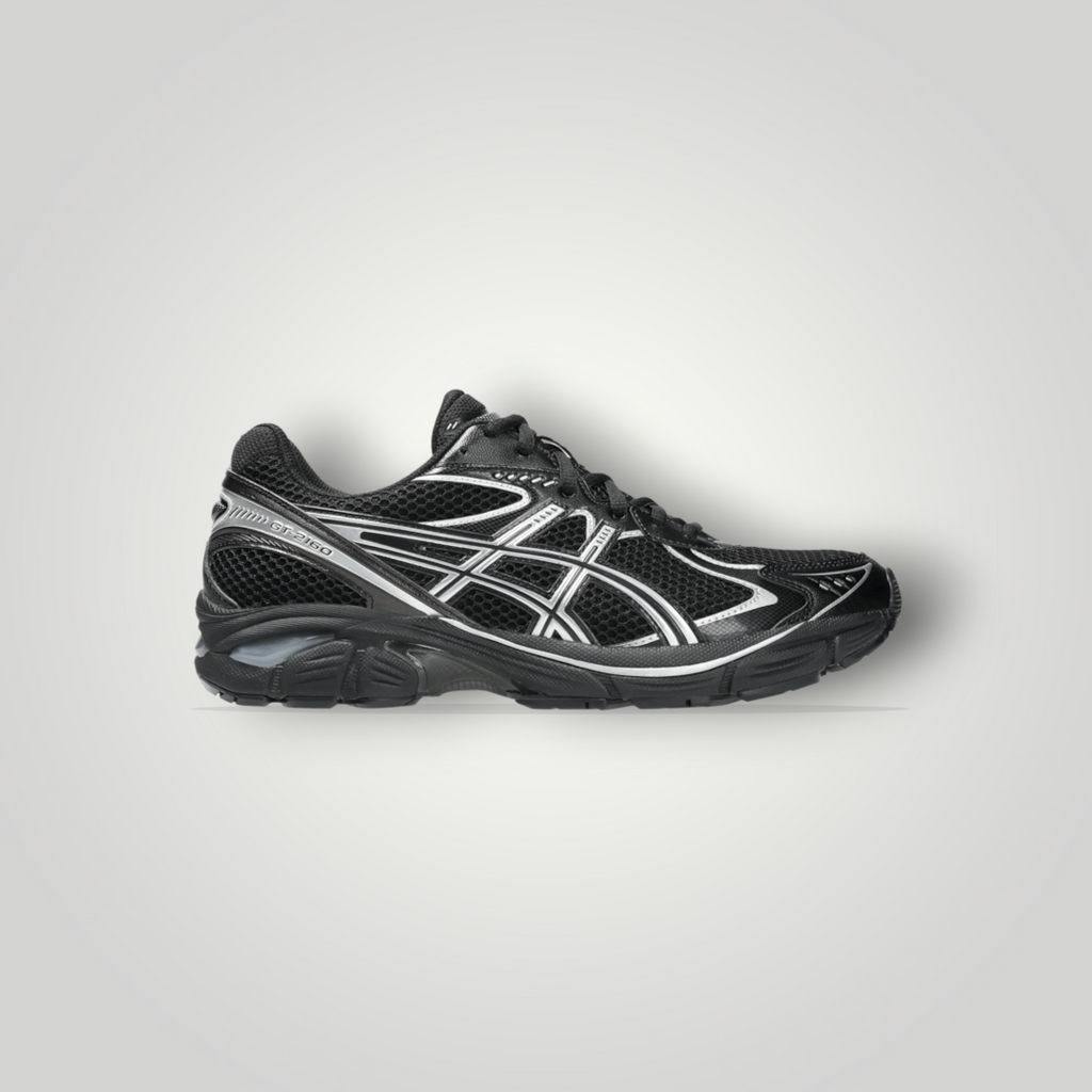 NDO Clothing ASICS GT-2160 Laufschuh in Schwarz mit silbernen Akzenten und atmungsaktivem Mesh-Obermaterial