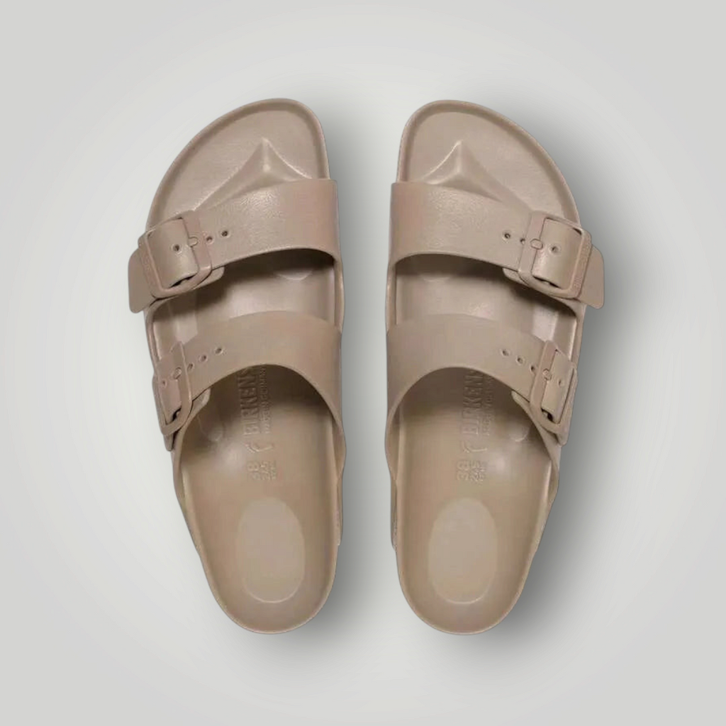 NDO Clothing Birkenstock Arizona EVA Sandalen in Beige mit anatomischem Fußbett und zwei verstellbaren Riemen