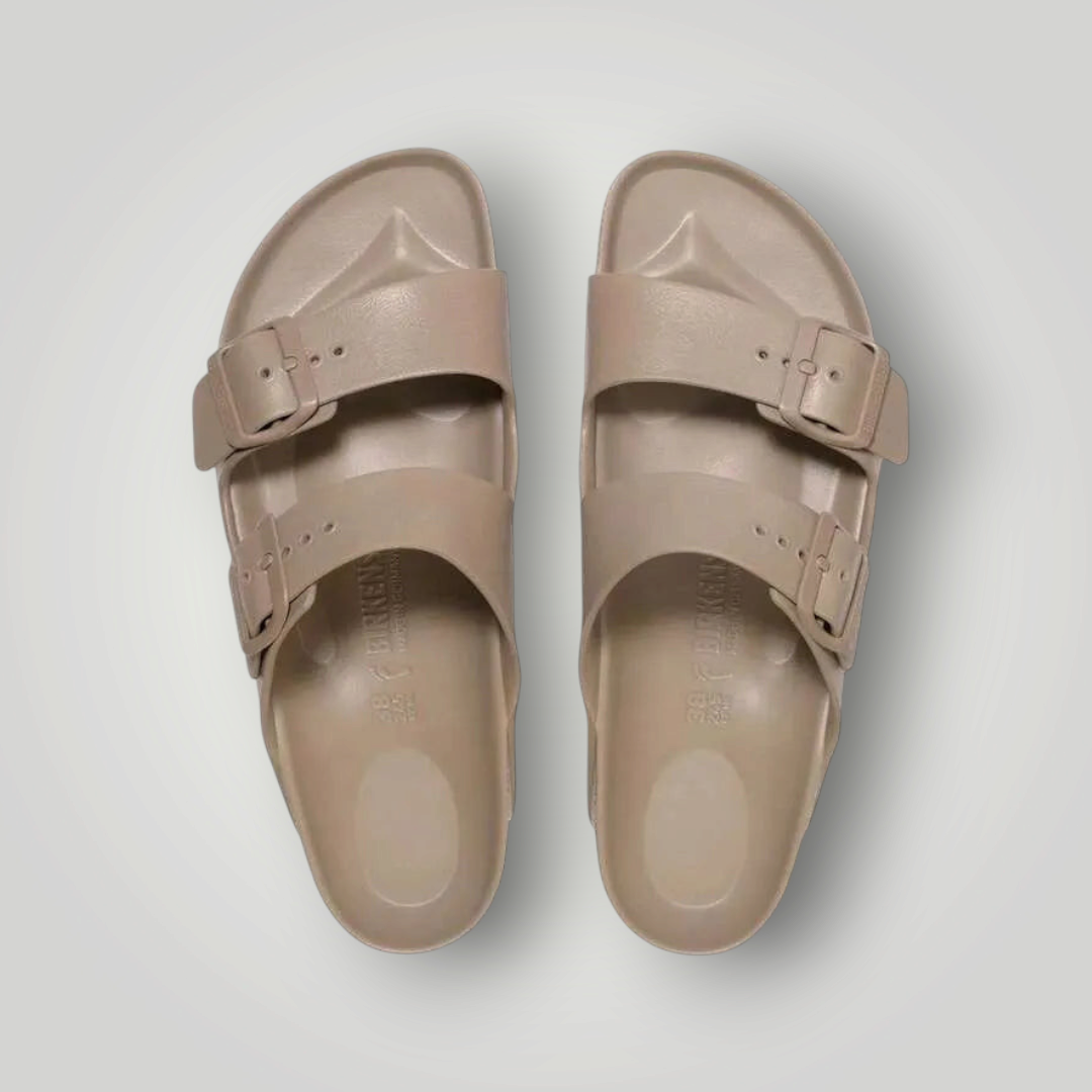 NDO Clothing Birkenstock Arizona EVA Sandalen in Beige mit anatomischem Fußbett und zwei verstellbaren Riemen
