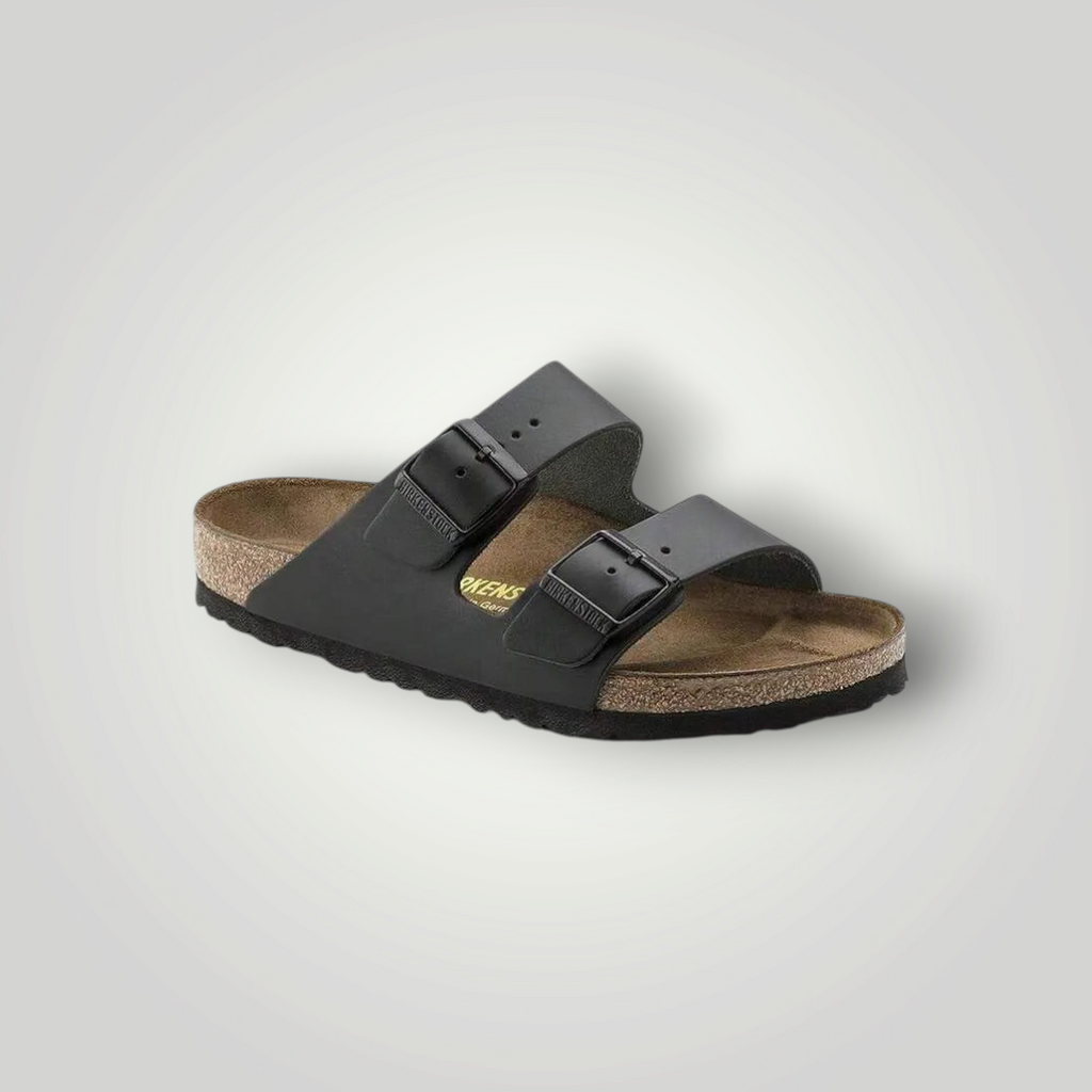 NDO Clothing Birkenstock Arizona Sandale in Schwarz mit anatomischem Kork-Fußbett und zwei verstellbaren Schnallen