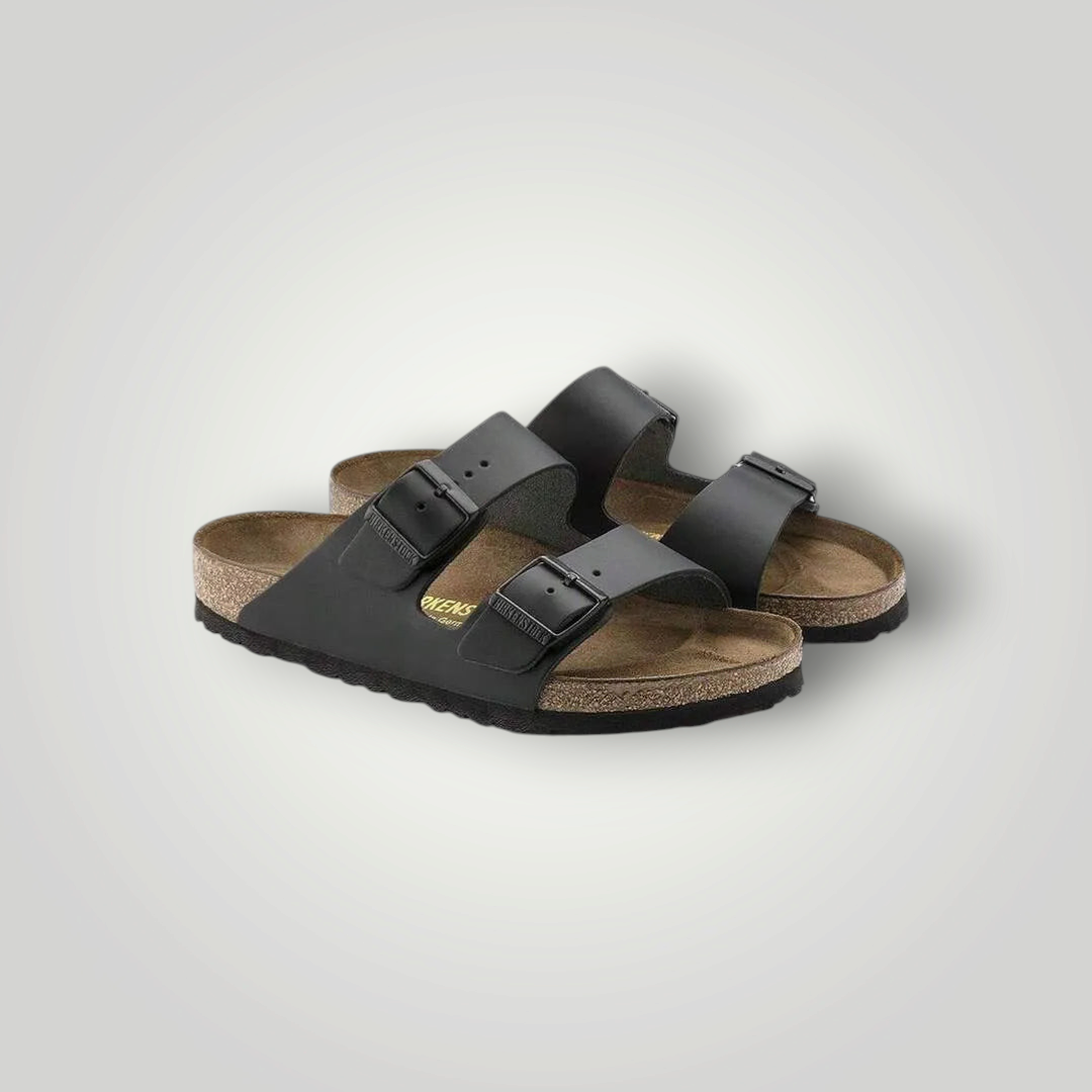 NDO Clothing Birkenstock Arizona Sandalen in Schwarz mit anatomischem Kork-Fußbett und zwei verstellbaren Schnallen