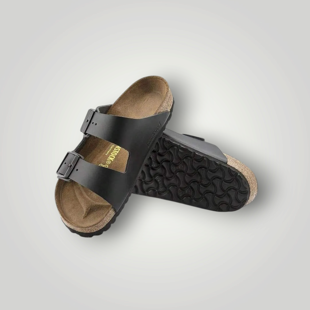 NDO Clothing Birkenstock Arizona Sandalen in Schwarz mit anatomischem Kork-Fußbett und zwei verstellbaren Riemen