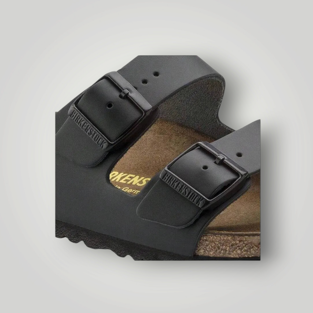 NDO Clothing Birkenstock Arizona Sandale in Schwarz mit verstellbaren Schnallen und anatomischem Kork-Fußbett