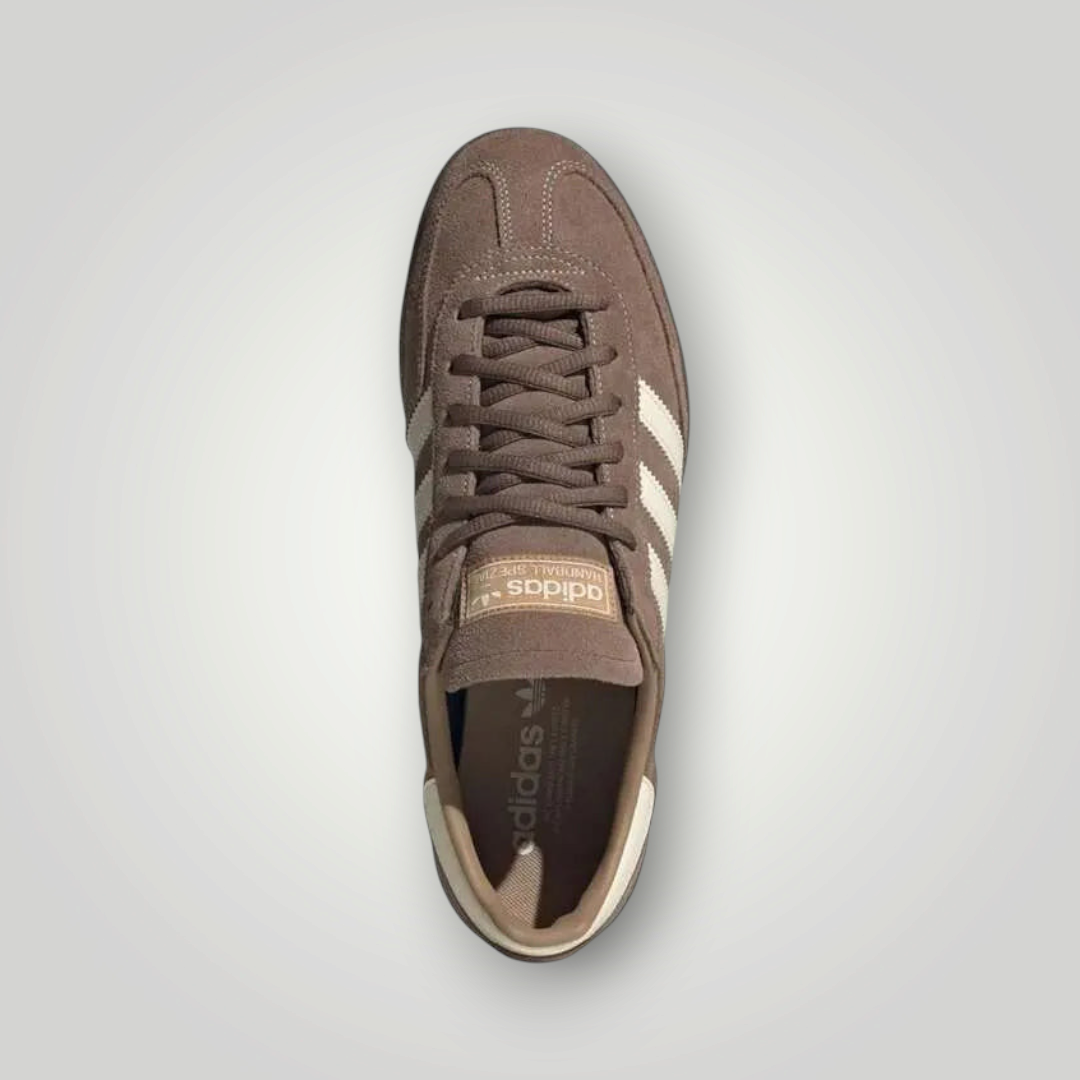 NDO Clothing Adidas Originals Handball Spezial Sneaker in Braun mit weißen Streifen, Draufsicht