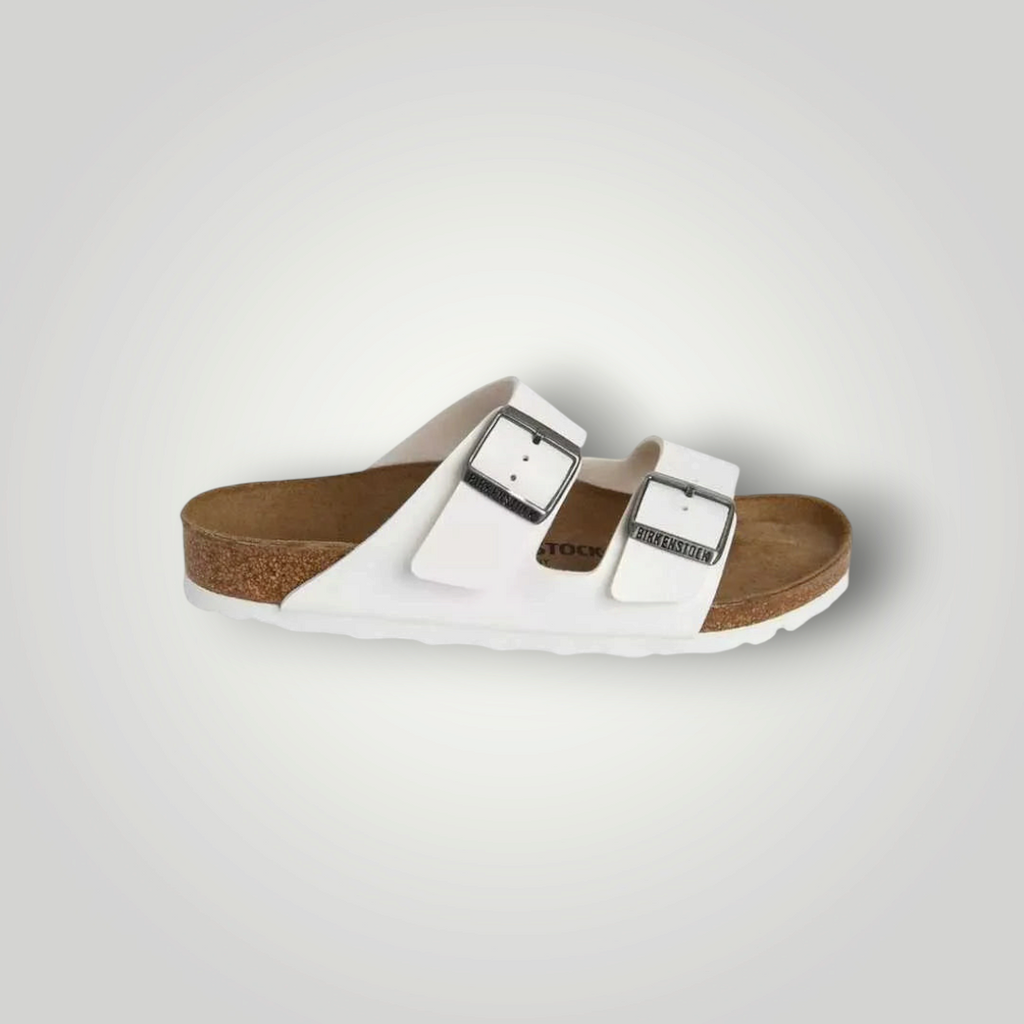 NDO Clothing Birkenstock Arizona Sandale in Weiß mit zwei verstellbaren Riemen und ergonomischem Kork-Fußbett