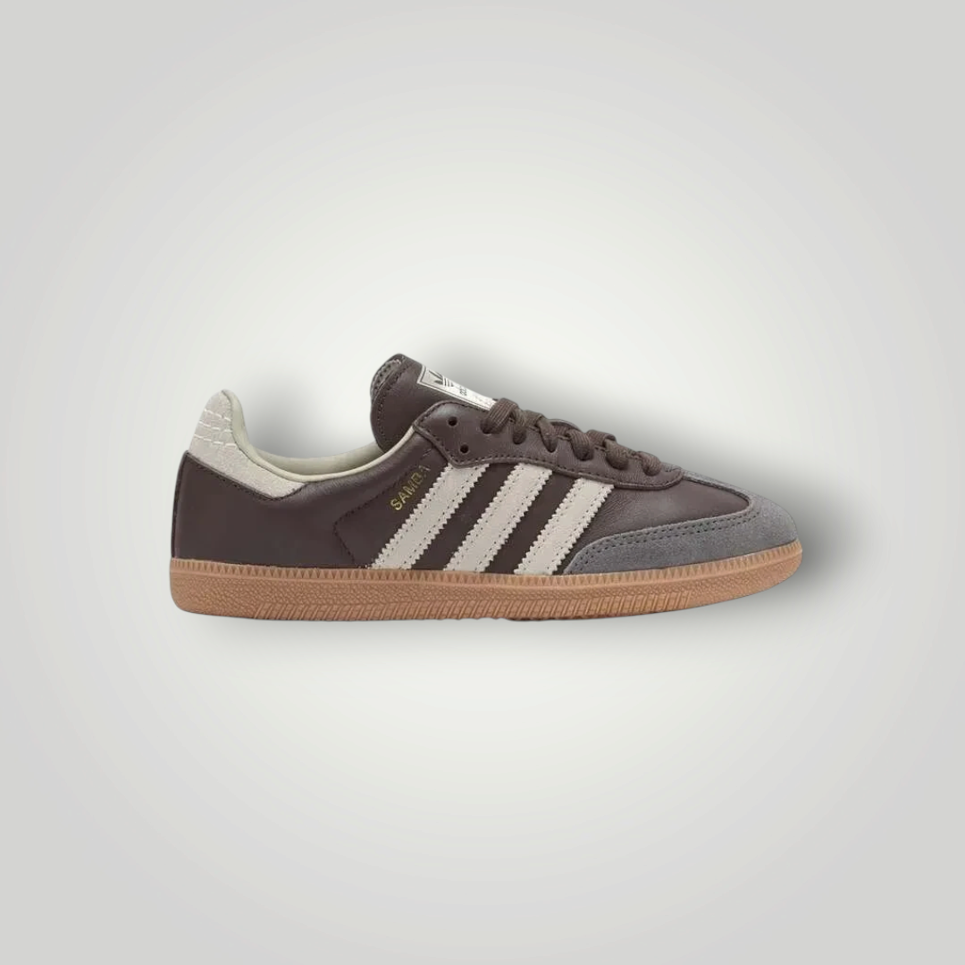 NDO Clothing Adidas Originals Samba OG Sneaker in Dunkelbraun mit beigen Streifen und klassischer Gummisohle