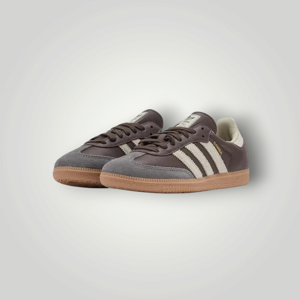 NDO Clothing Adidas Originals Samba OG Sneaker in Dunkelbraun mit grauer Wildleder-Zehenkappe und Gummisohle