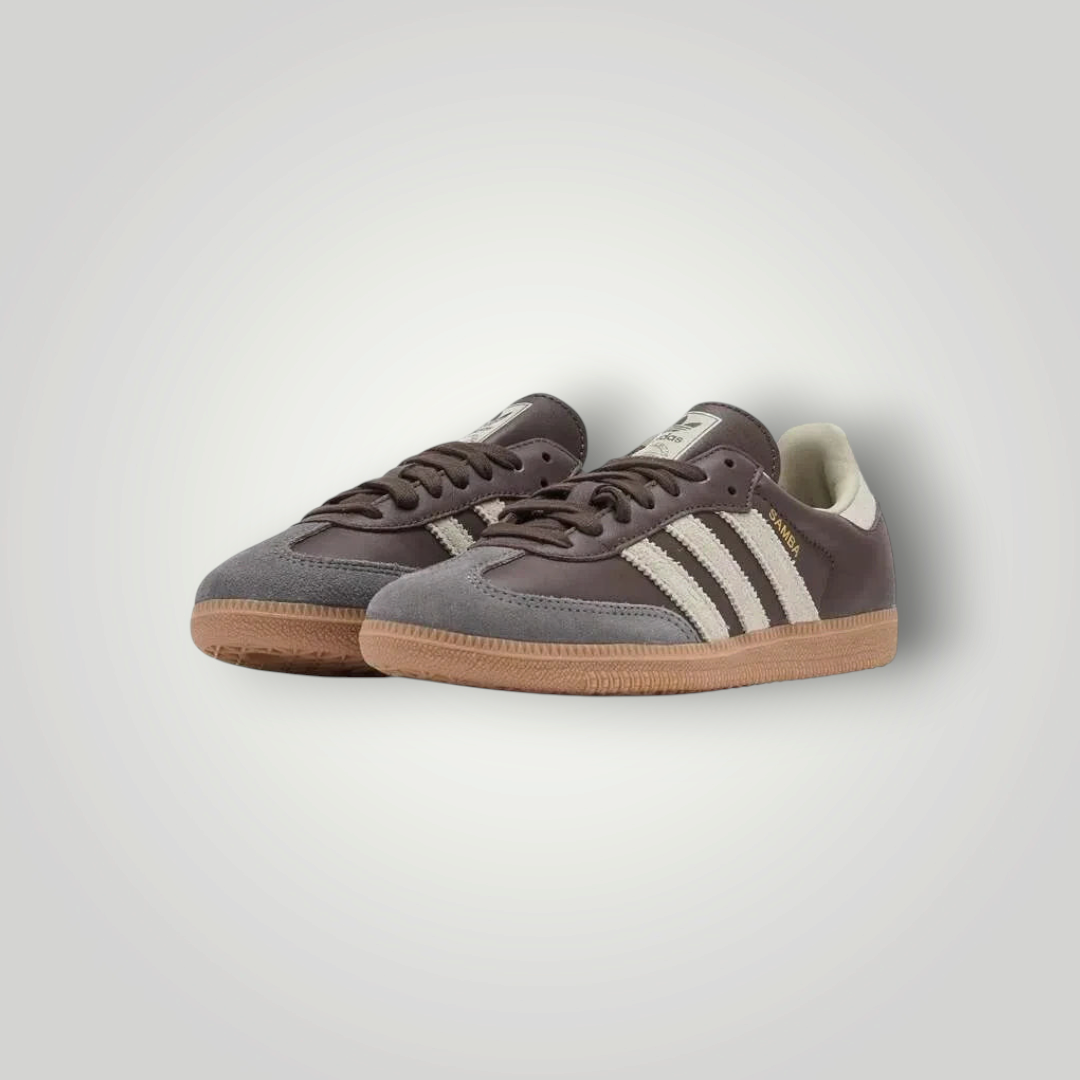 NDO Clothing Adidas Originals Samba OG Sneaker in Dunkelbraun mit grauer Wildleder-Zehenkappe und Gummisohle