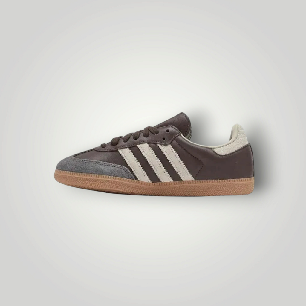 NDO Clothing Adidas Originals Samba OG Sneaker in Dunkelbraun mit beigen Streifen und grauer Wildleder-Zehenkappe
