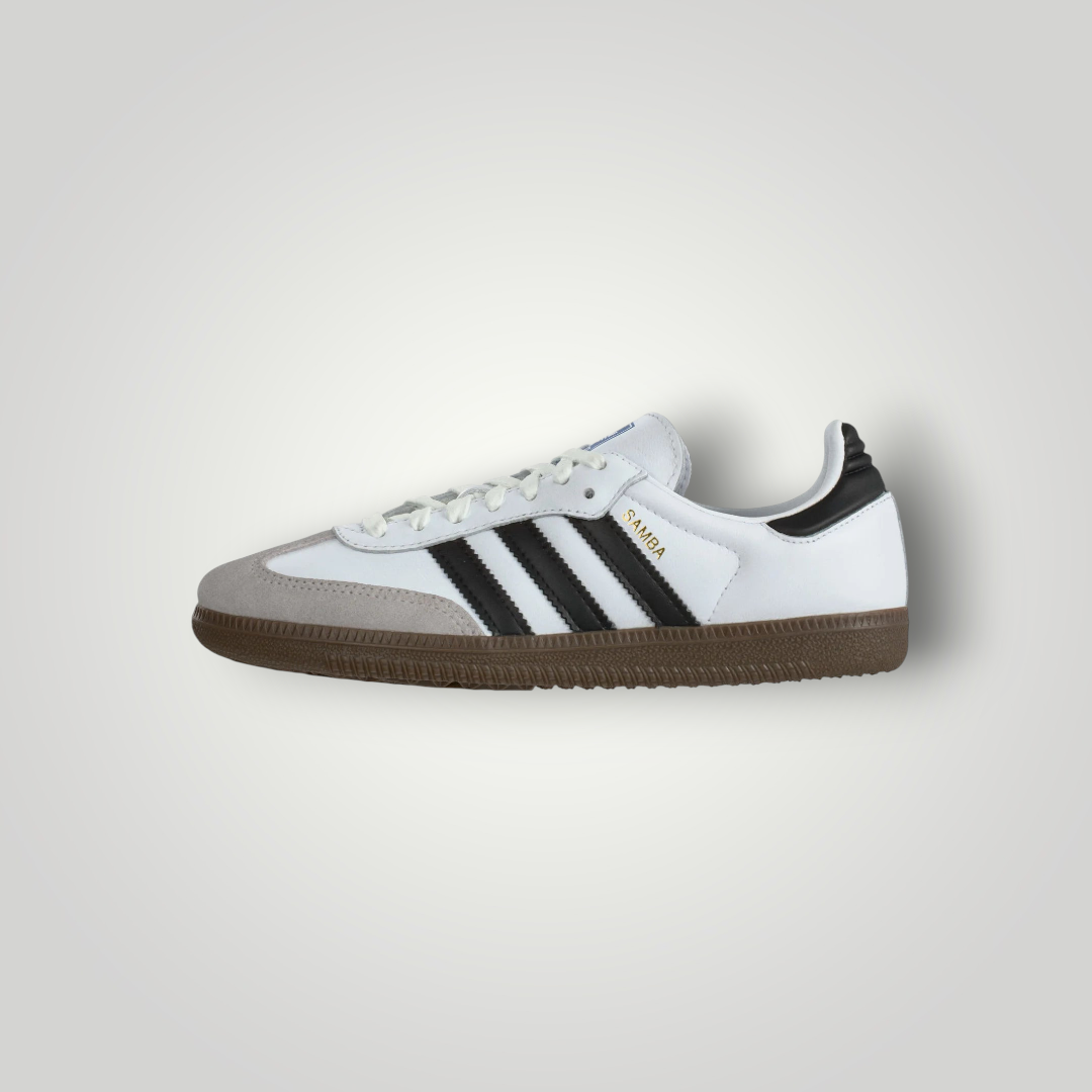 NDO Clothing Adidas Originals Samba OG Sneaker in Weiß mit schwarzen Streifen, Wildleder-Details und Gummisohle