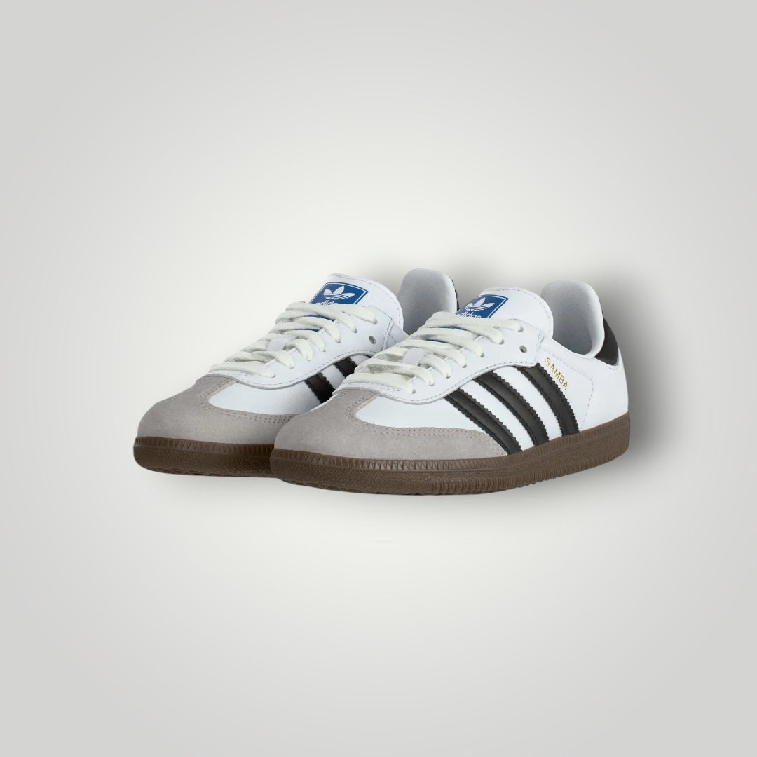 NDO Clothing Adidas Originals Samba OG Sneaker in Weiß mit schwarzen Streifen und brauner Gummisohle
