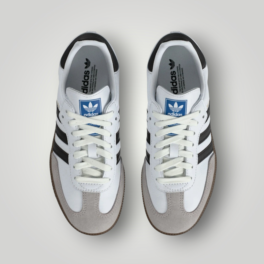 NDO Clothing Adidas Originals SAMBA OG Sneaker in Weiß mit schwarzen Streifen und grauer Wildleder-Zehenkappe