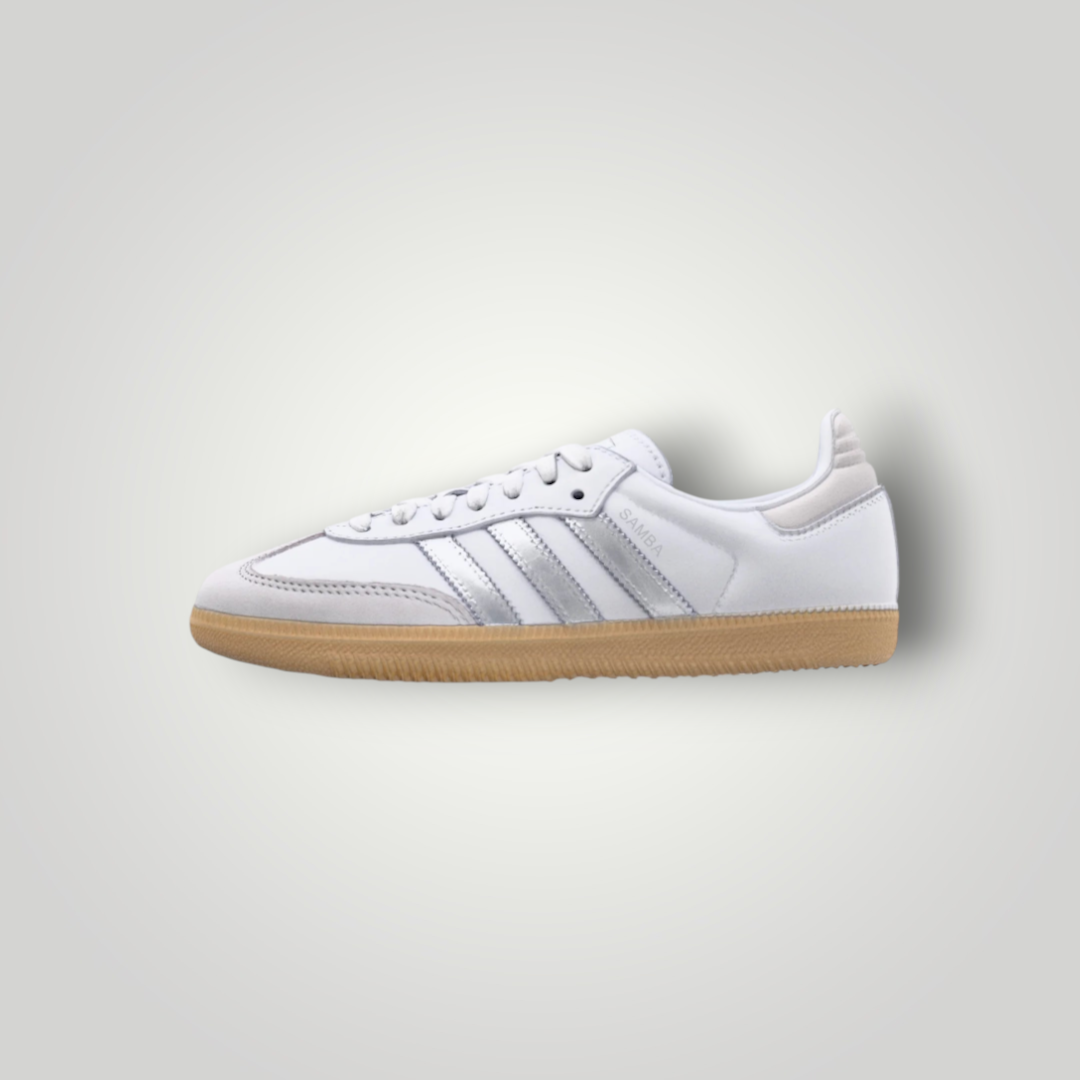 NDO Clothing Adidas Originals SAMBA OG Sneaker in Weiß mit silbernen Streifen und klassischer Gummisohle