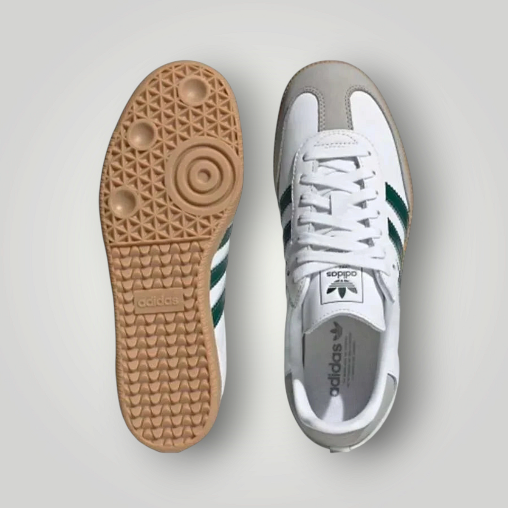 NDO Clothing Adidas Originals Samba Sneaker in Weiß mit grünen Streifen und brauner Gummisohle in der Draufsicht