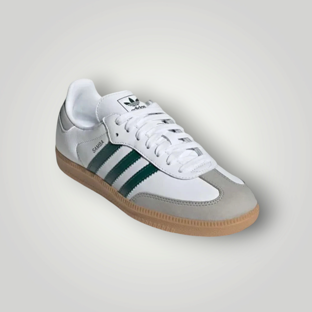 NDO Clothing Adidas Originals Samba Sneaker in Weiß mit grünen Streifen und klassischer Gummisohle
