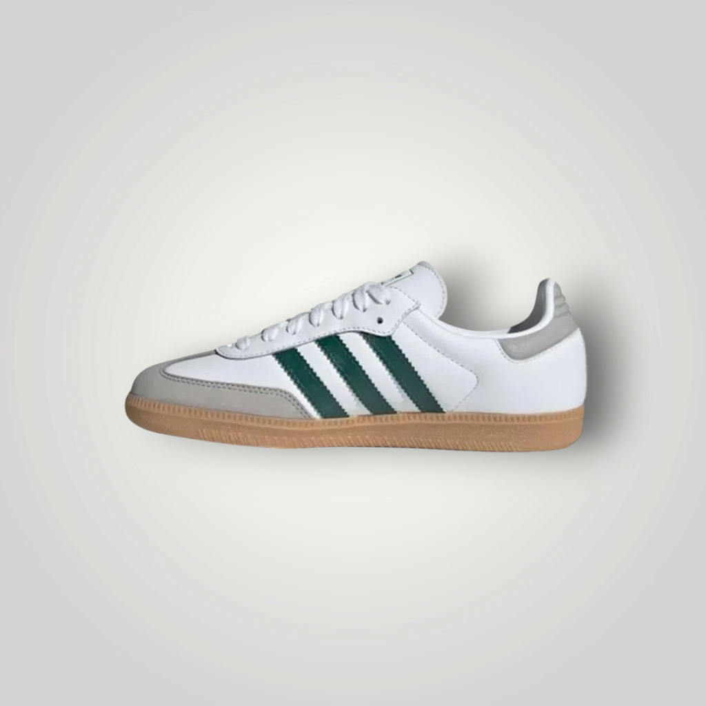 NDO Clothing Adidas Originals Samba Sneaker in Weiß mit grünen Streifen und klassischer brauner Gummisohle
