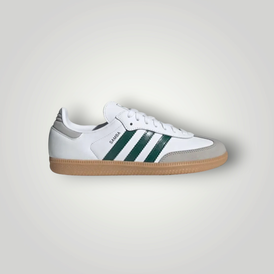 NDO Clothing Adidas Originals Samba Sneaker in Weiß mit grünen Streifen und klassischer Gummisohle