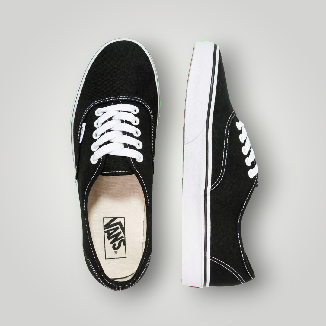 NDO Clothing Vans Authentic Sneaker in Schwarz aus Canvas mit weißer Schnürung und flacher Gummisohle