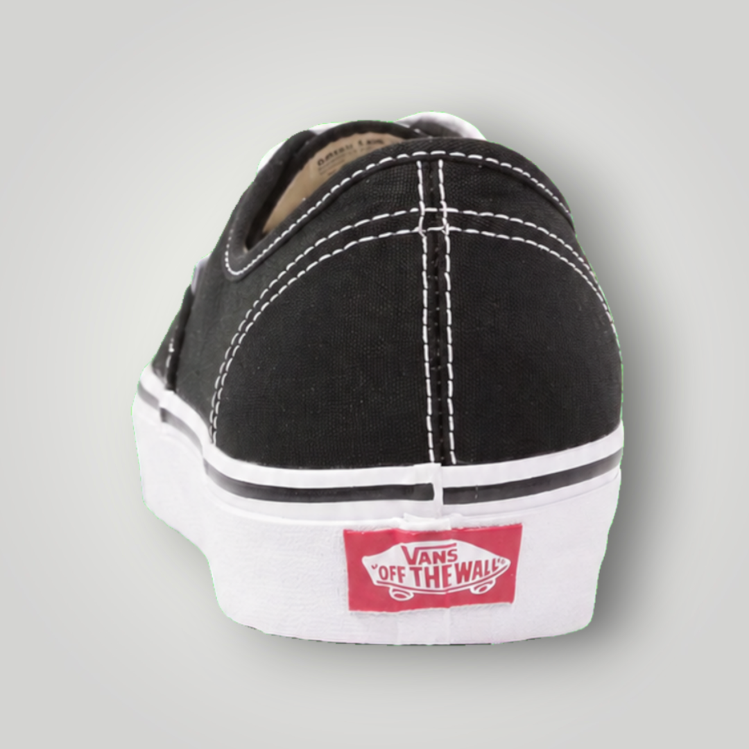 NDO Clothing Vans Authentic Sneaker in Schwarz aus Canvas mit weißer Sohle und rotem Logo-Patch an der Ferse