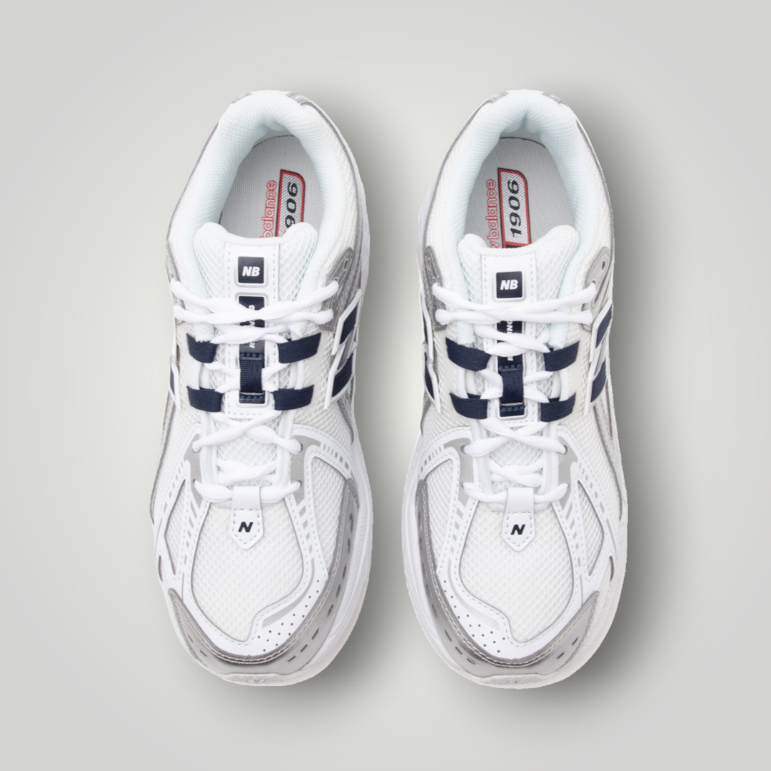 NDO Clothing New Balance 1906 Unisex-Sneaker in Weiß und Marineblau mit Mesh-Obermaterial und Schnürung