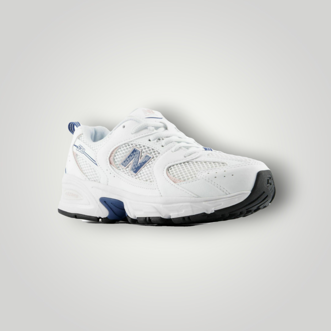 NDO Clothing New Balance 530 Unisex Sneaker in Weiß mit blauen Akzenten aus atmungsaktivem AirMesh und ABZORB-Sohle