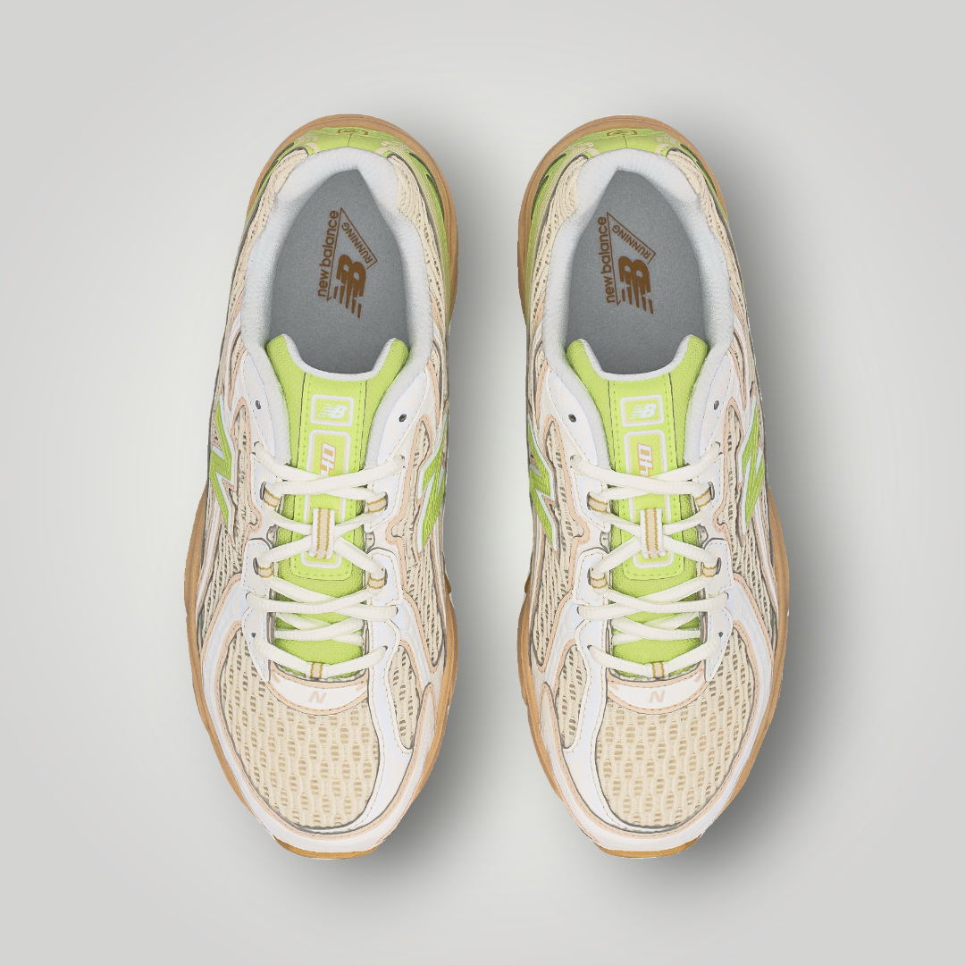 NDO Clothing New Balance U740 Sneaker in Dry Lime mit Mesh-Obermaterial und Schnürung in der Draufsicht