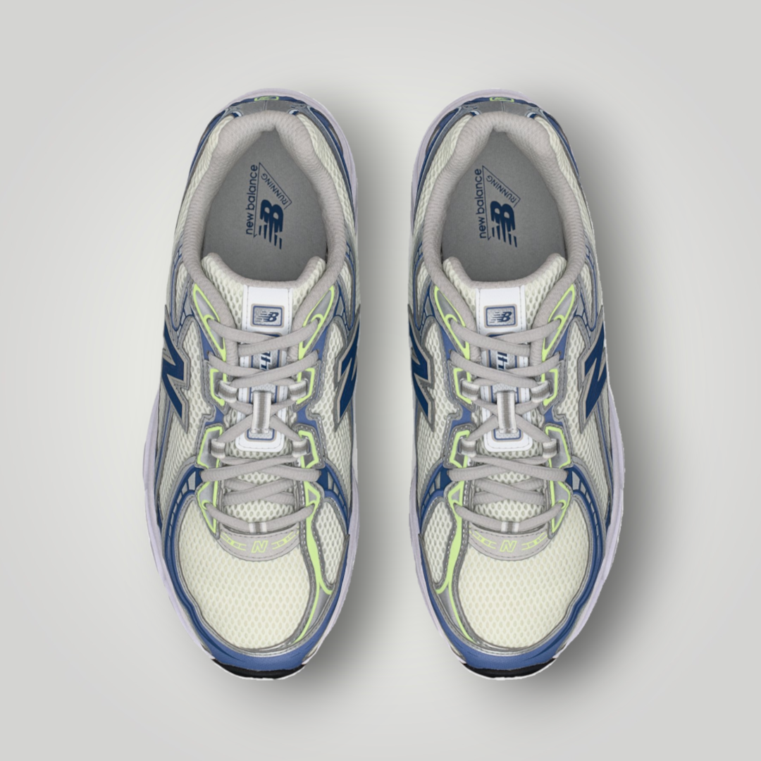 NDO Clothing New Balance U740 Sneaker in Weiß und Magic Blue mit Mesh-Obermaterial und Schnürung in der Draufsicht
