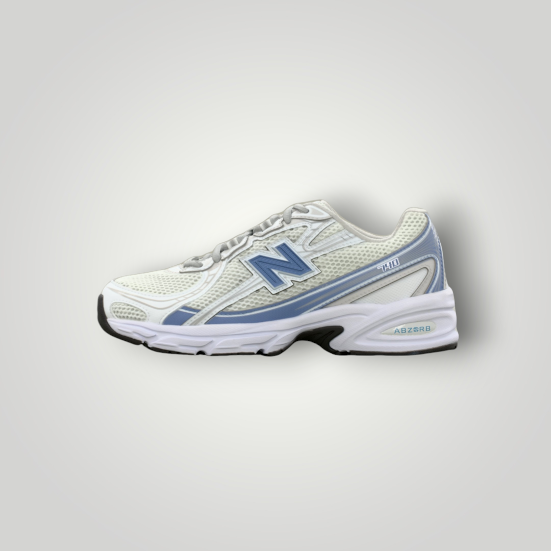 NDO Clothing New Balance 740 Sneaker in Weiß und Fairweather Blau mit Mesh-Obermaterial und Abzorb-Dämpfung