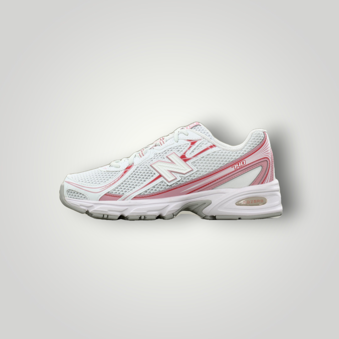 NDO Clothing New Balance 740 Sneaker in Weiß und Pink mit Mesh-Obermaterial und Abzorb-Dämpfung in der Seitenansicht