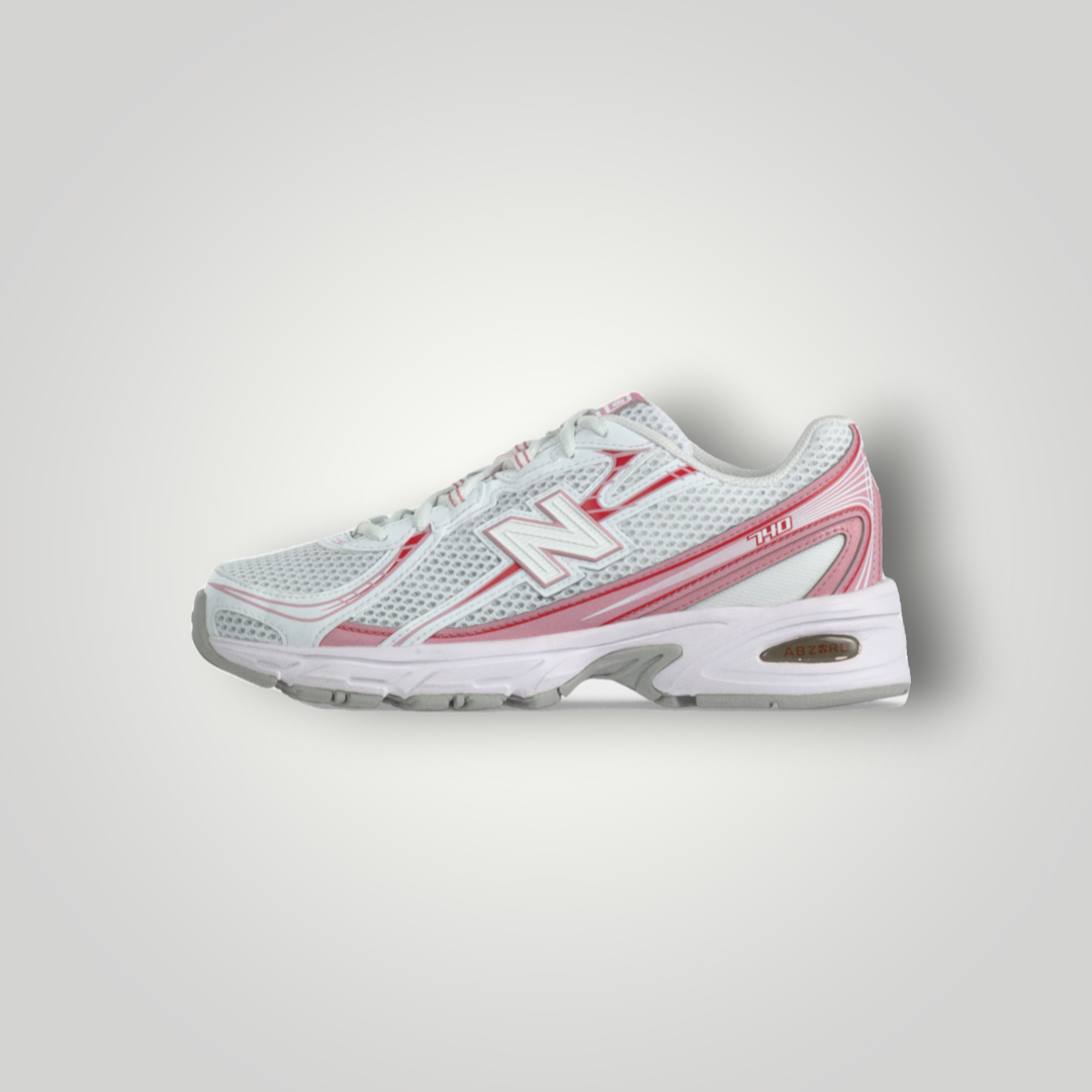 NDO Clothing New Balance 740 Sneaker in Weiß mit Pink und Rot, aus Mesh und Kunstleder mit Abzorb-Dämpfung.