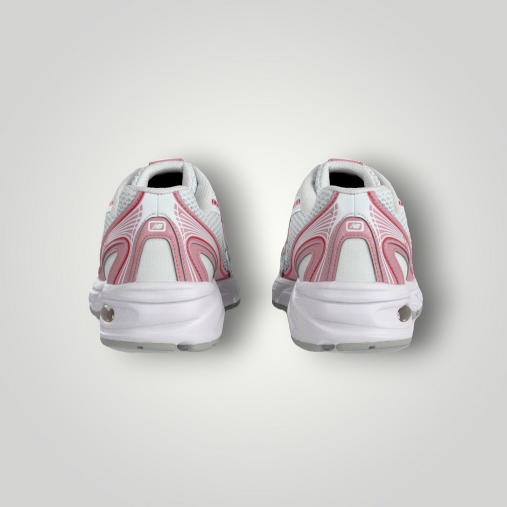 NDO Clothing New Balance 740 Sneaker in Weiss und Pink, Rückansicht der Laufschuhe mit Mesh-Details