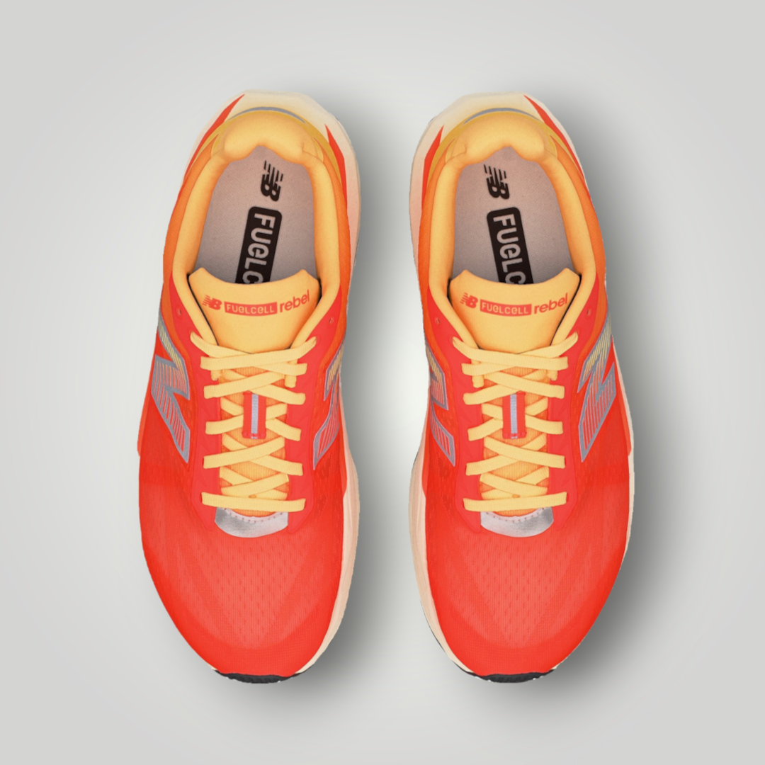 NDO Clothing New Balance FuelCell Rebel v5 Laufschuh in Tangerine Heat mit atmungsaktivem Mesh und Schnürung