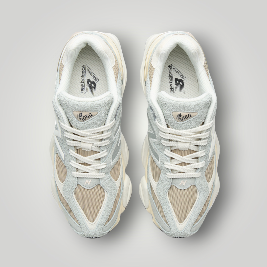 NDO Clothing New Balance 9060 Sneaker in Grau und Beige aus Leder und Textil mit Schnürung in der Draufsicht