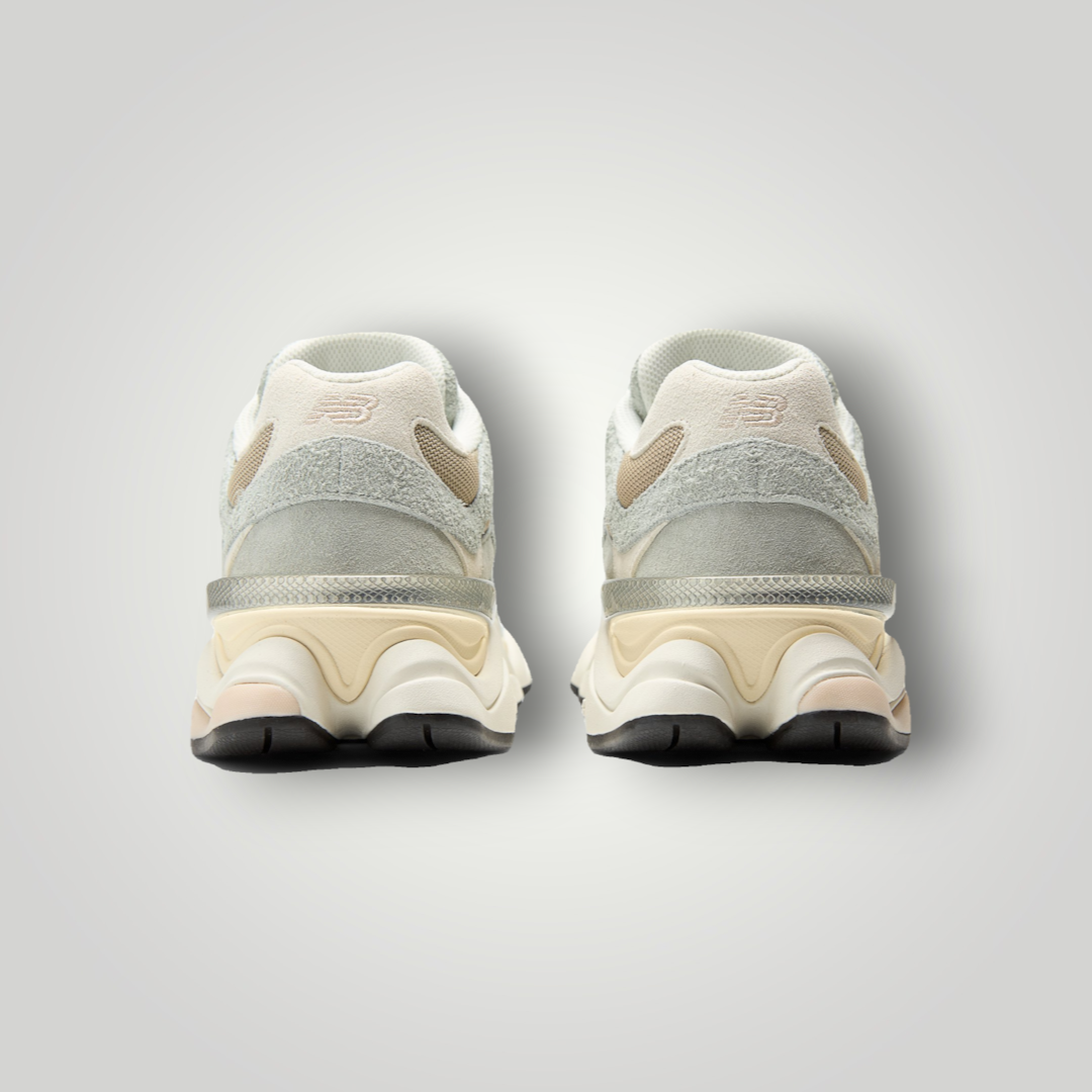 NDO Clothing New Balance Sneaker in Grau und Beige aus Leder und Textil, Rückansicht mit strukturierter Sohle